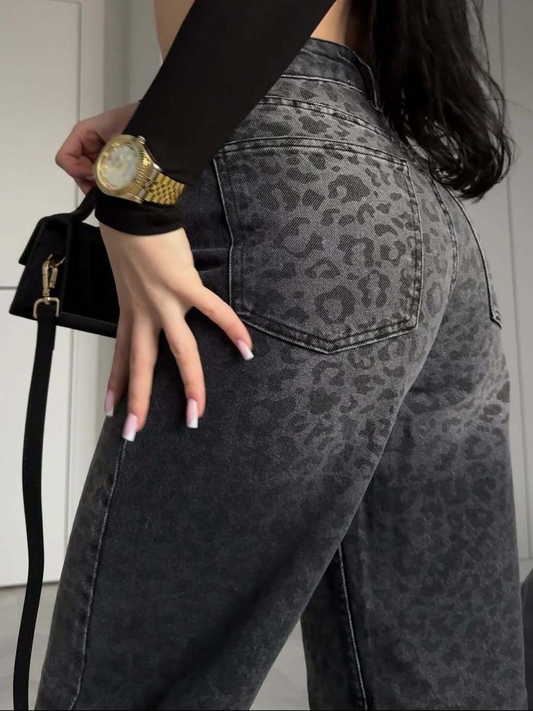 Neue Frühling Sommer Leopard Print High Waist Jeans Damen Lange Länge Lässige Raffung Hosen Damenbekleidung