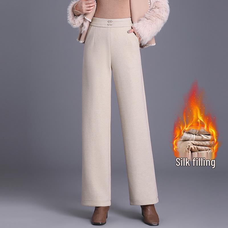 Women's 2025 Winter High-Waisted Woolen Silk Cotton Wide-Leg Pants: Loose, Warm, Drape, Hip-Covering Straight-Leg Design