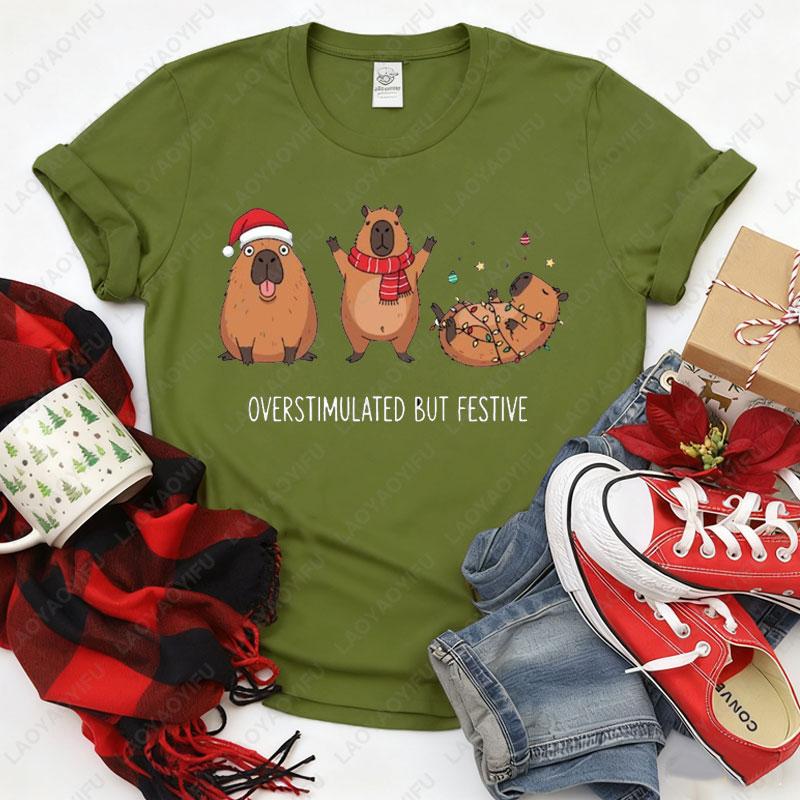 

Overstimulated But Festive Capybara Christmas Tshirt Funny Holiday Animal Cotton Tees Cute Xmas Clipart for Tops Y2k Streetwear S