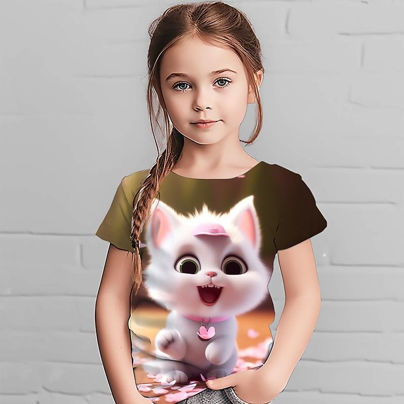 

Girls 3D Graphic Animal Cat T shirt Tee Short Sleeve 3D Print Summer Spring Active Fashion Cute Polyester Kids 4-12 100