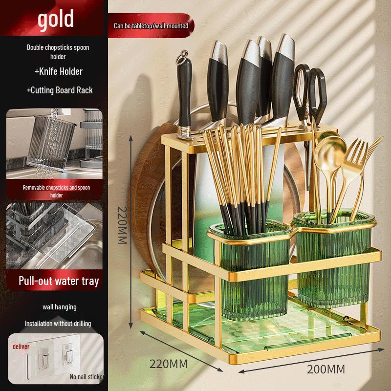 Wall-Mounted Multifunctional Cutlery Rack: Integrated Chopstick Holder & Knife Organizer with Drainer