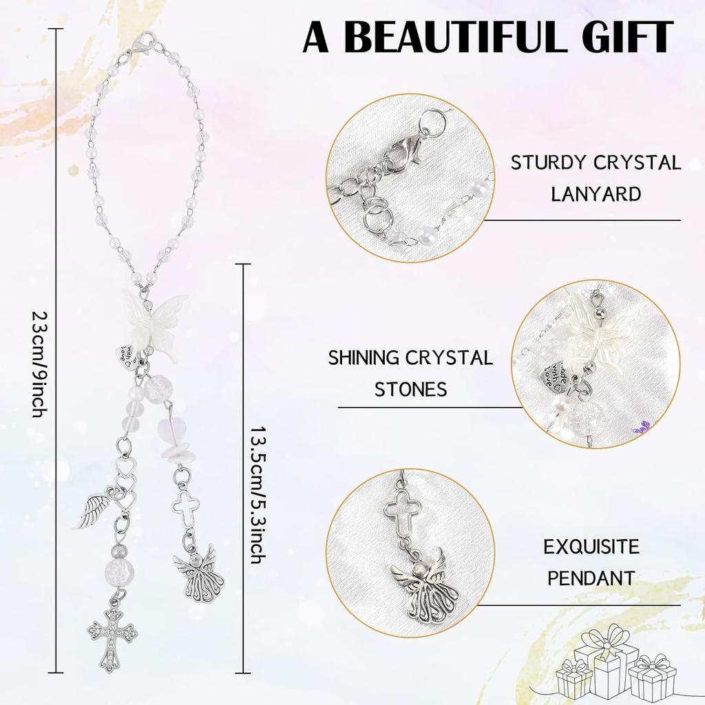 Angel Cross Rear View Mirror Charm - Crystal Angel Wing Pendant Hanging Chain, Religious Cross Car Suncatcher Ornament, Spiritual Car Interior Decor