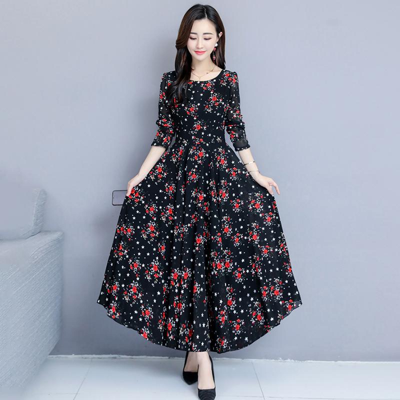 Rochie evazată florală elegantă Rochie de plajă cu mânecă lungă cu gât rotund Fustă A-Line imprimată