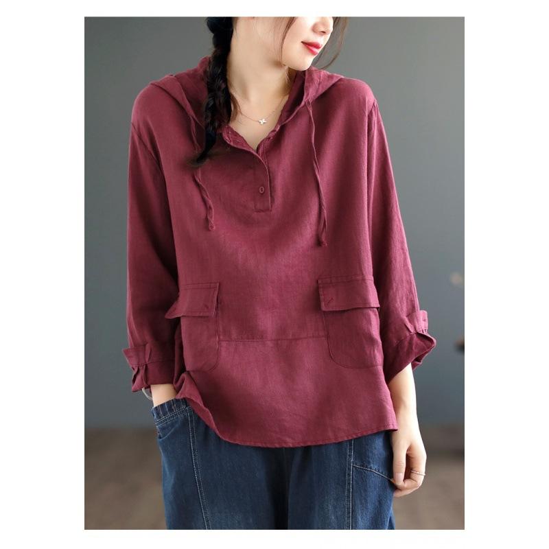 Primavera e Outono literário retro algodão manga comprida camisola grande tamanho solto capuz sabor Hong Kong manga comprida T-shirt feminino