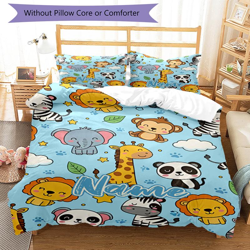 3pcs Custom Name Animals Bedding Set Duvet Cover Closure Includes 1 Duvet Cover & 2 Pillowcases, Soft and Comfortable for All Seasons.