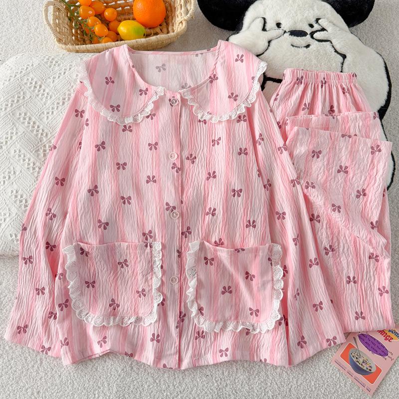 Light Luxury Sweet Striped Bow Cloud Cotton Edge Doll Collar Pajamas Women'S Casual Long-Sleeved Trousers Set