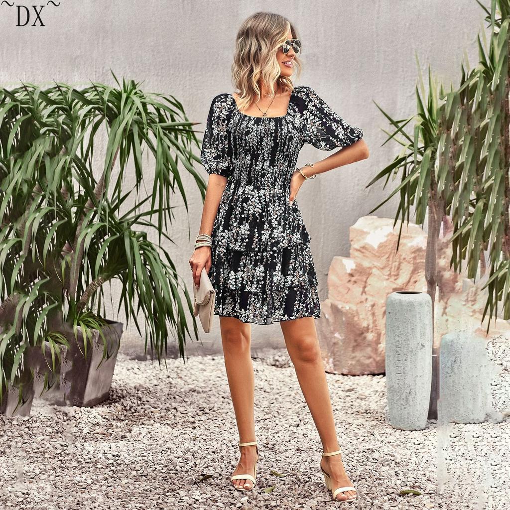 DX~~ Designer Women's Dress Spring and Summer French Square Neck Cake Skirt Independent Station Fashion Resort Women's Wear