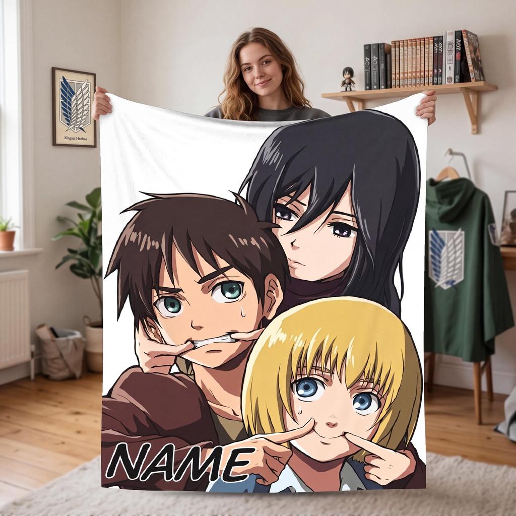 Custom Anime Fleece Blanket, Attack Childhood Trio Funny Flannel Throw, Cute Eren Mikasa Armin Decor Gift, Personalized Name Bedspread