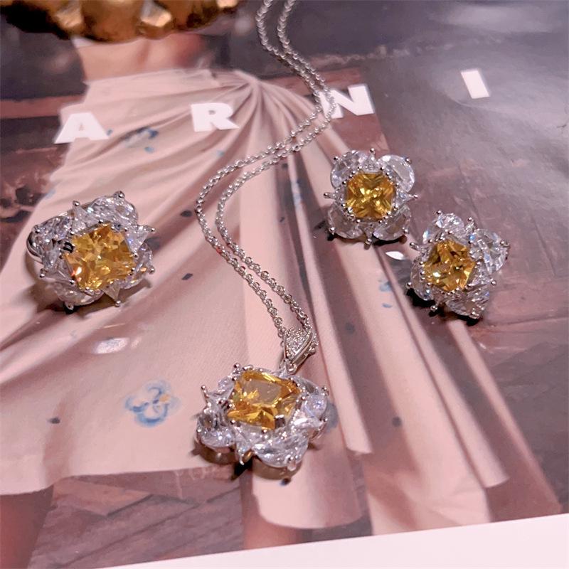 Oumeins Luxury Yellow Zircon Gemstone Jewelry Set: Square Stud Earrings, Necklace, Ring - Perfect for Evening Socialite Banquets.