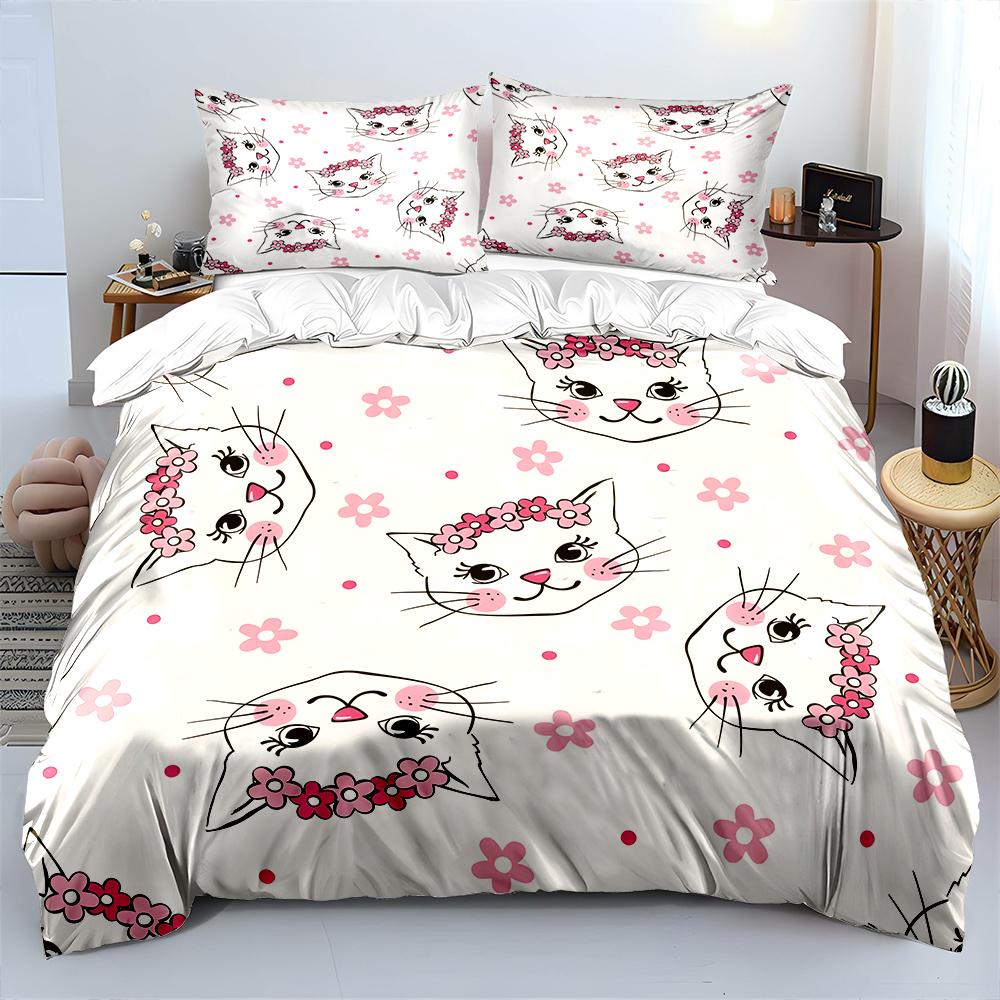 Cute Cat Faces With Pink Flowers Bedding Set For Kids Luxury Gift 3Pcs Digital Print Comforter Set Soft Comfortable Breathable