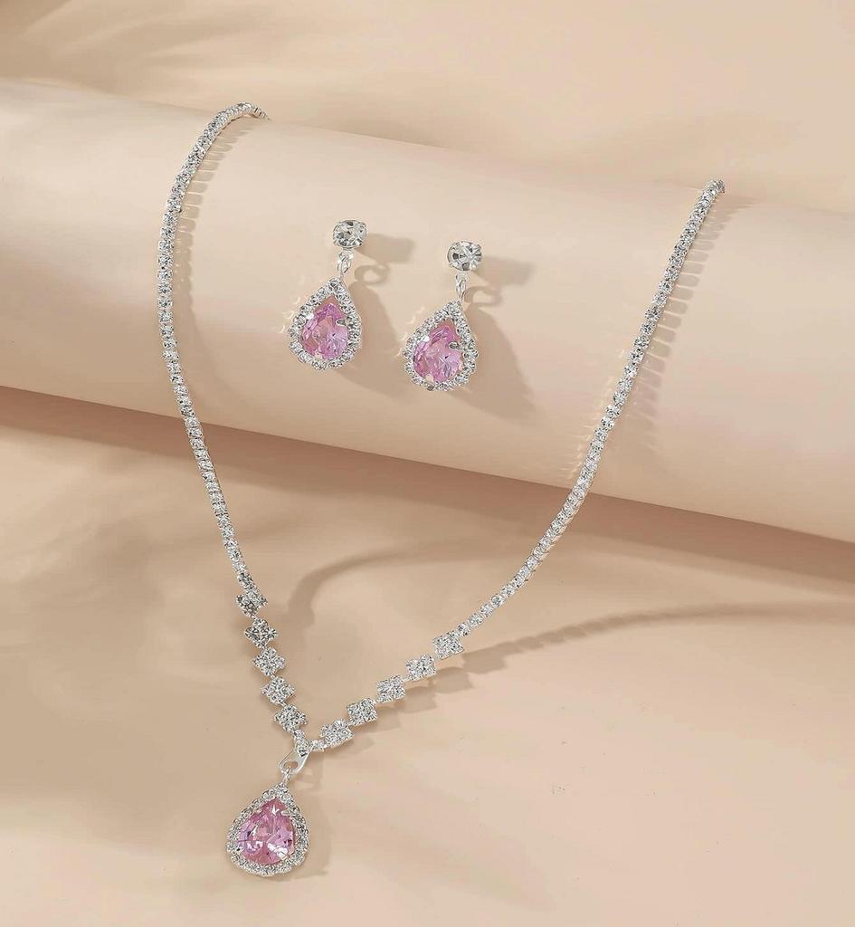 3PC Wedding Season Women's Fashion Copper Inlaid Water Drop Necklace Earrings Jewelry Set Wedding Banquet Party Holiday Gift