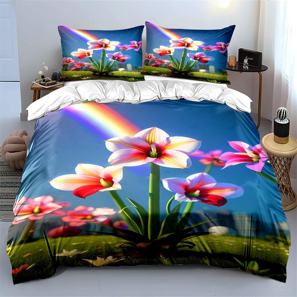 Pink Amaryllis with Rainbow. Bedding Sets Duvet Cover Sets Duvet Covers Pillowcases(1 * Duvet Cover 2 * Pillowcases, Without Duvet Insert)