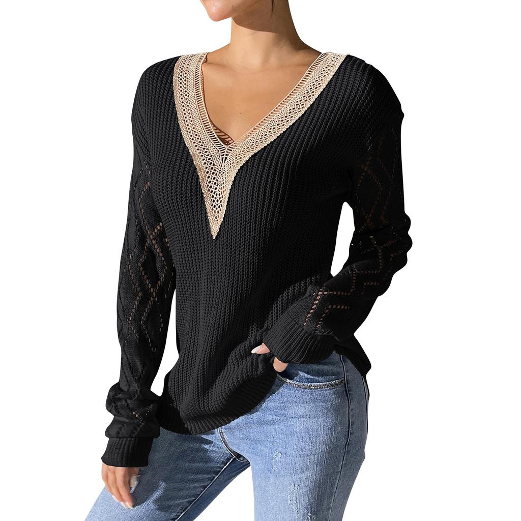 Modă Femei Casual Culoare Solidă Dantelă Decolteu în V Patchwork Mânecă Lungă Pulover Casual Fund Pulover Top