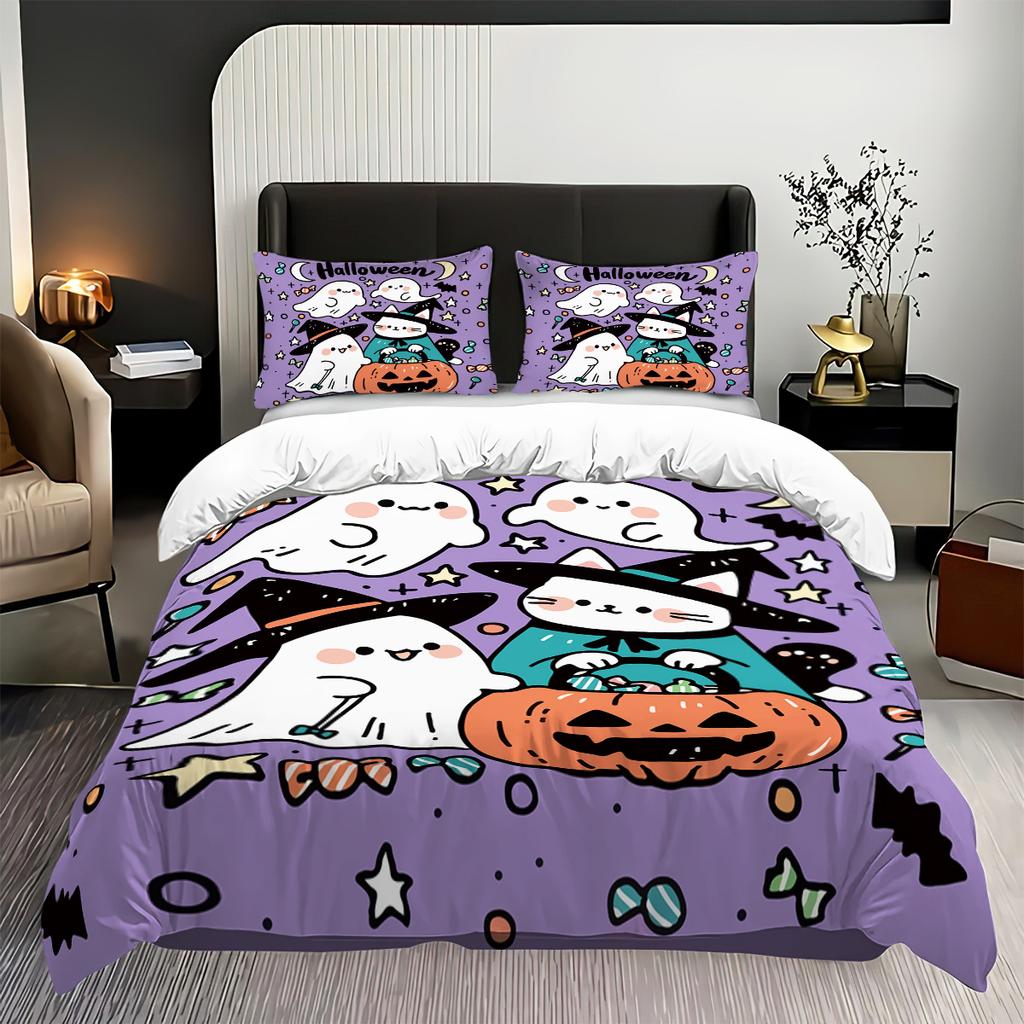 3-piece Halloween themed purple cute ghost pumpkin pattern duvet cover set 1 duvet cover+2 pillowcases coreless
