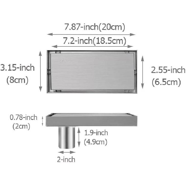 7.87-Inch SUS304 Stainless Steel Square Shower Floor Drain Offset Drainage,2 In 1 Cover or Tile Insert Brushed Finish