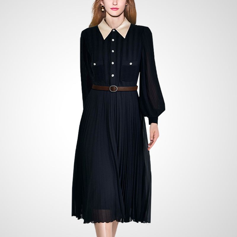 

Осеннее платье с плиссировкой и рукавами-фонариками в европейском и американском стиле Navy S