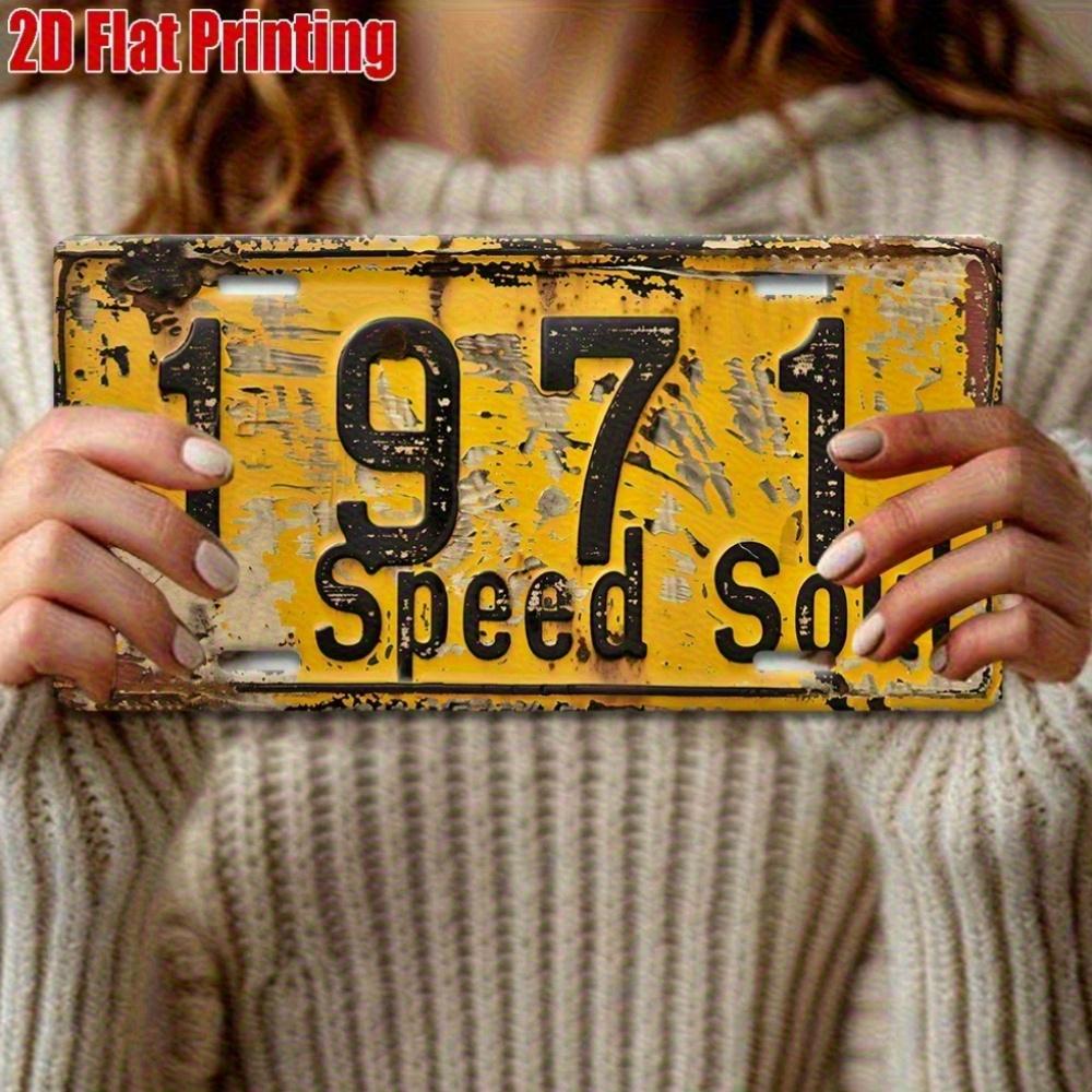 Vintage Metal License Plate Wall Art - "1971 Speed Soul" Rustic Yellow Sign with Black Numbers, Es, Perfect for Garage, Bar, Ca