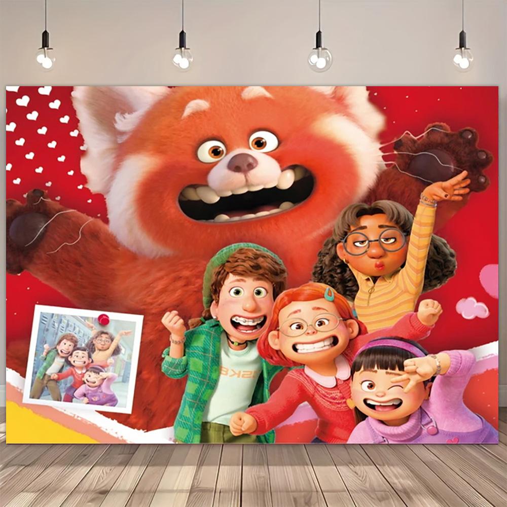 Cartoon Turning Red Happy Birthday Backdrop Banner Cute Red Panda Theme Kids Girls Birthday Party Decor Photo Background Supplie