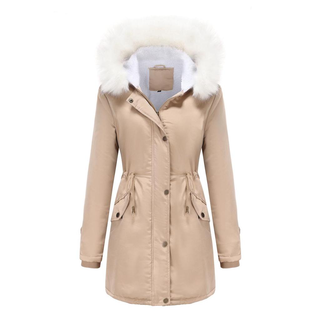 2023 Women's Detachable Fur Collar Parka: Long Sleeve Hooded Cotton Coat with Fleece Lining for Autumn/Winter