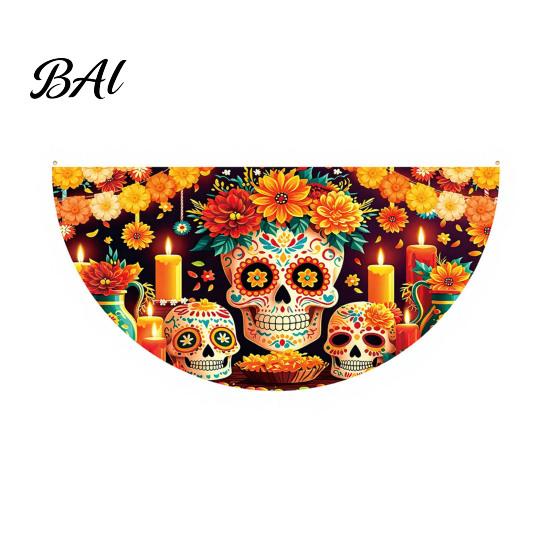 Sugar Skull Fan Flag Day of The Dead Bunting Banner, Marigold Print Fiesta Mexican Festival Home Ornament Hanging Flag, Colorful Outdoor Yard