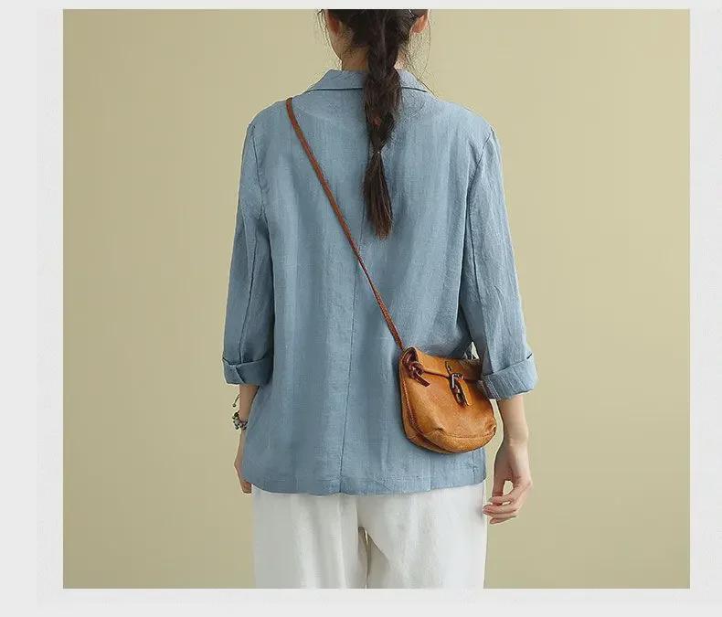 Stylowa kurtka z bawełny i lnu: Luźny damski garnitur na wiosnę/lato, z długim rękawem, w literackim stylu, z ochroną przeciwsłoneczną.