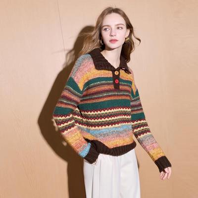 Sancai 2025 Winter Striped Jacquard Stand Collar Knit Sweater