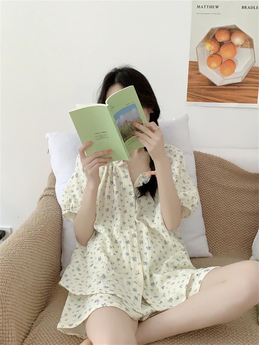 

Blue floral small fragrant wind girl pajamas summer short-sleeved shorts ins style suit can be worn outside loungewear S