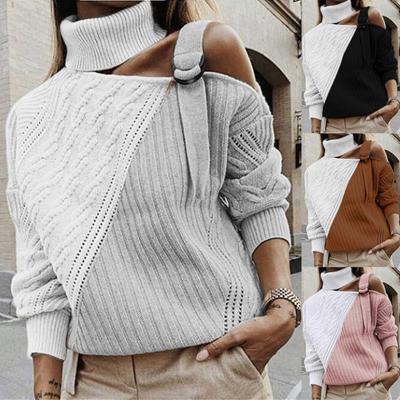 Women's  And Winter Loose Two-color Contrast Stitching Long-sleeved Stand Collar One Side Strapless Knit Sweater Top