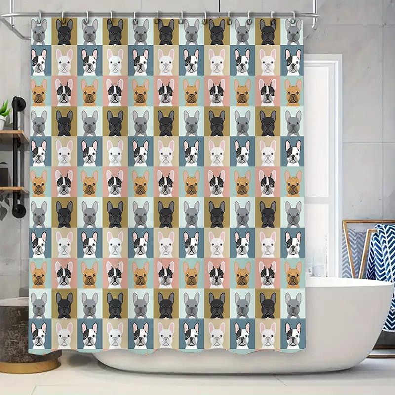 

French Bulldog Shower Curtain Waterproof Cute Puppy Dog Pattern Bathroom Decor Farmhouse Style Modern Home Decor Trendy Washable W60H190(CM)-1 Pcs