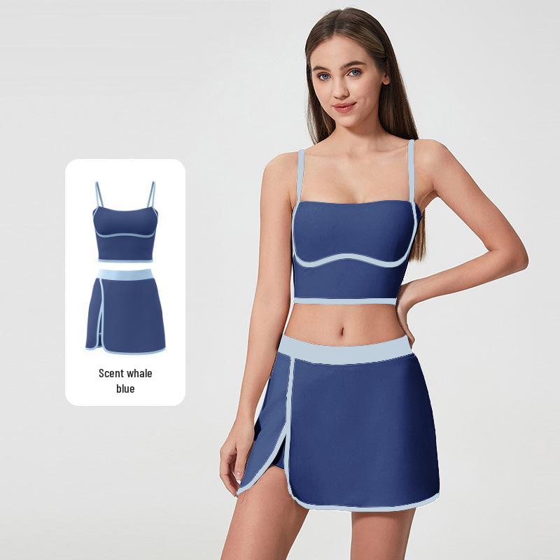 Women's Color Block High-Waisted Skirt & Camisole Set with Chest Pads, Slim Fit, Sporty, and Flattering Two-Piece Ensemble