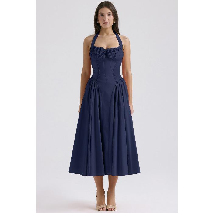 European And American Slim-Fit Suspender Dress European And American Style Fashion Printed Neck Lace Dress S темно-синий