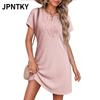JPNTKY Women's Fashion Summer Spring Solid Color Print V-Neck Short Sleeve Casual Dresses