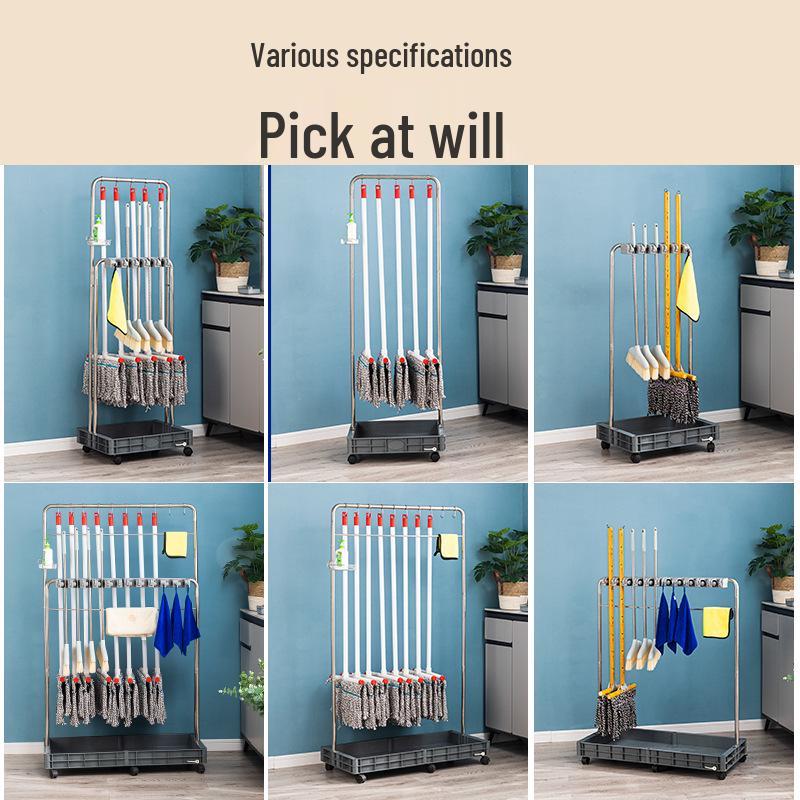 Stainless Steel Floor-Standing Mop Rack with Draining Shelf and Free Shipping