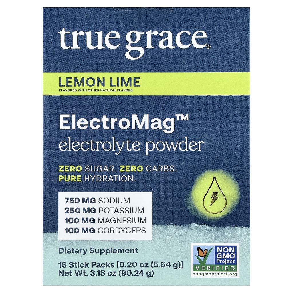 True Grace, ElectroMag™, Electrolyte Powder, Lemon Lime, 16 Stick Packs, 5.64 g (0.20 oz) Each