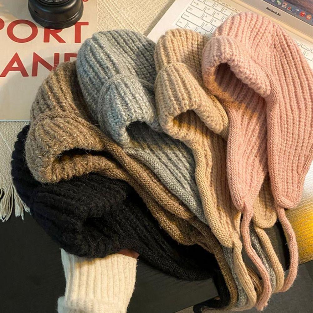 Korean Style Knitted Flying Cap Ear Protection Woolen Crochet Cap Fashion Beanie Hat  Girls