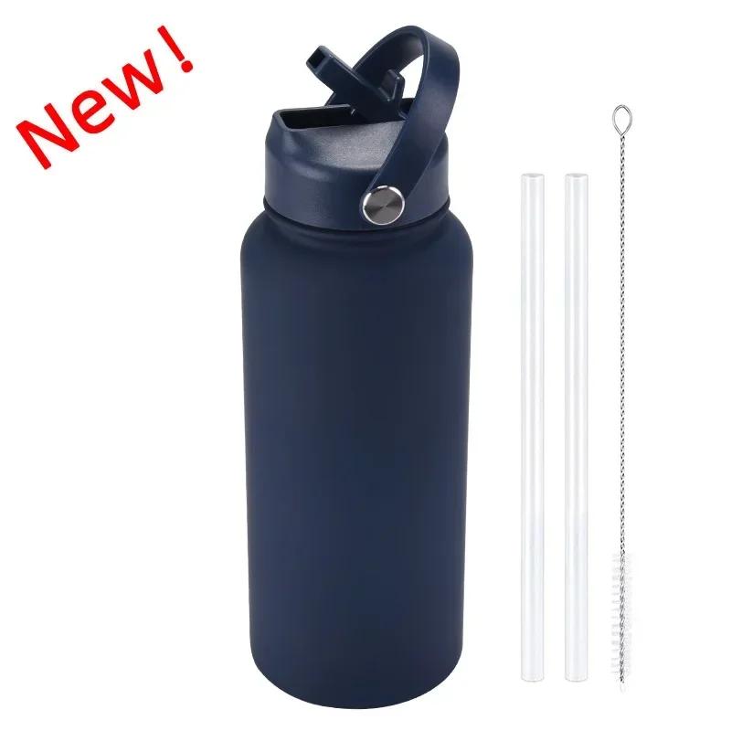 1L Sports WATER BOTTLE With Handle And Straw Stainless Steel Large Capacity Vacuum Flasks Drinkware Large Mouth GymThermos CUP