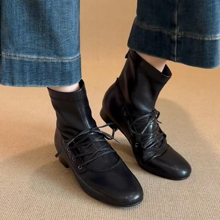 Blue Cabinet Edition~ Autumn and Winter Skinny Lace-Up Mary Jane Short Boots Women's Niche Retro Flat Bottom Back Zipper Elastic Skinny Boots