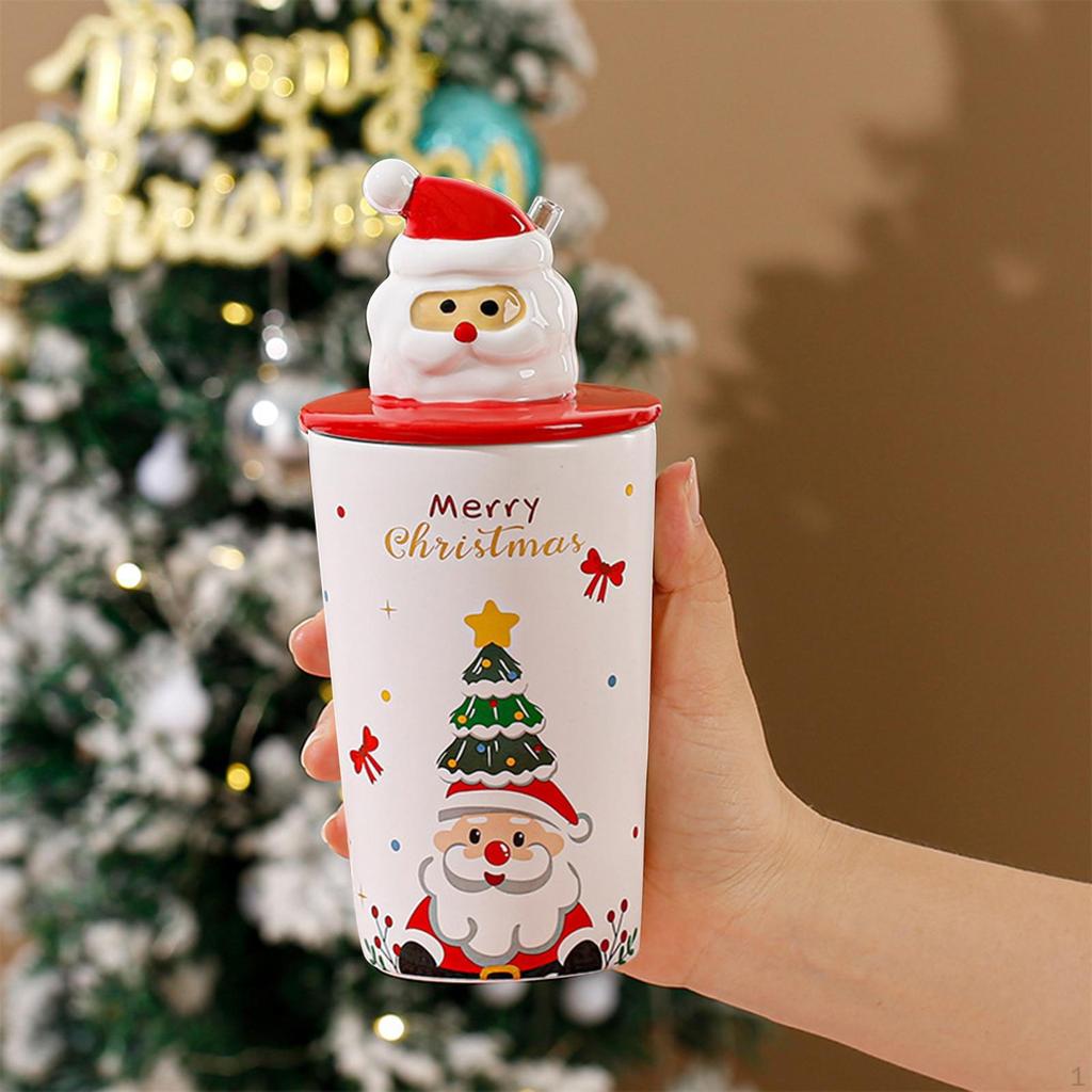 Ceramic Mug with Lid for Christmas, 400ml Santa Claus Coffee And Tea Cup