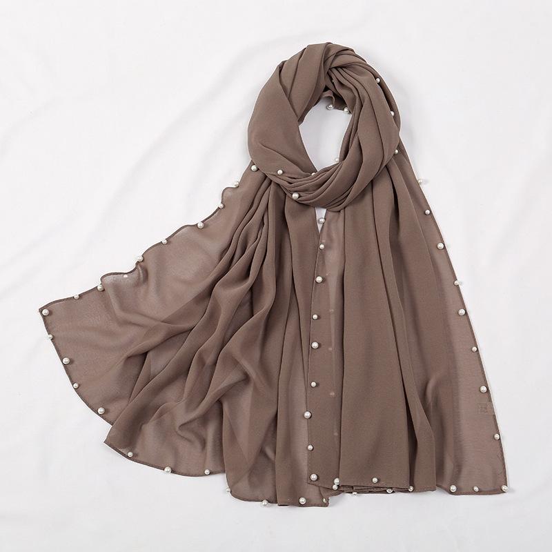Hot-selling popular chiffon long towel plus small pearl women's gold and silver pearl headscarf