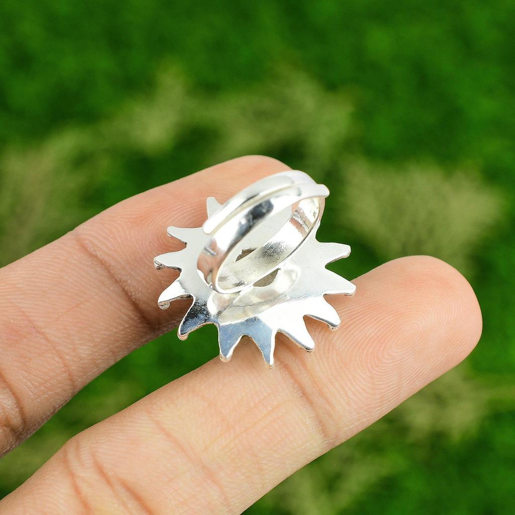 Womens day Sale Natural Rainbow Moonstone Flower Promise Ring Jewelry 925 Silver