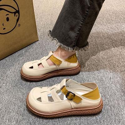 Pisar caca sensación mujeres embarazadas bolso cabeza sandalias mujeres 2025 verano fondo plano retro hueco transpirable zapatos de vestir suela blanda sandalias romanas