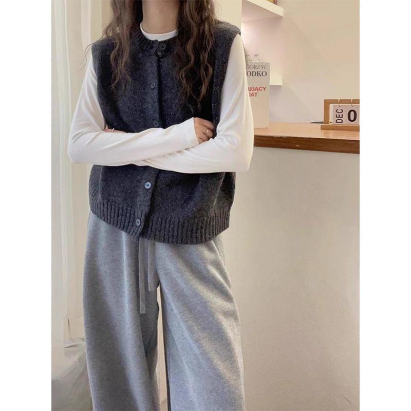Einfarbige Damen Strickweste Koreanischer Rundhals Einreihiger Pullover Frühling Herbst Kurz Mode Damenbekleidung