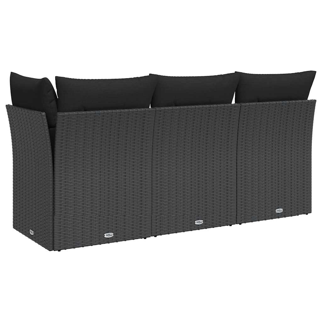 Vidaxl Garden Sofa With Cushions, 3-Seater, Black, Poly Rattan