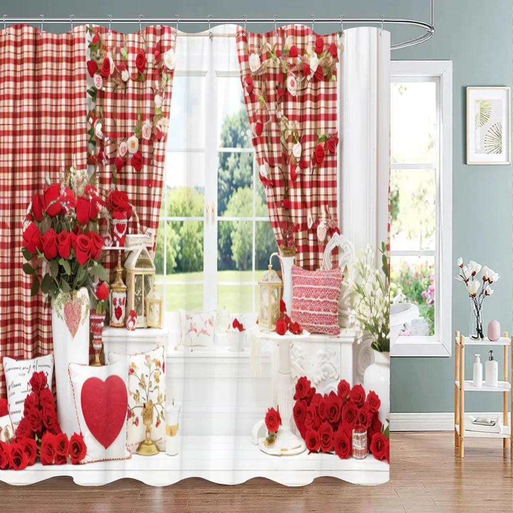 Valentine's Day Decoration Shower Curtain Holiday Gift Party Background Decoration Fabric Washable Shower Curtain Bathroom Decor