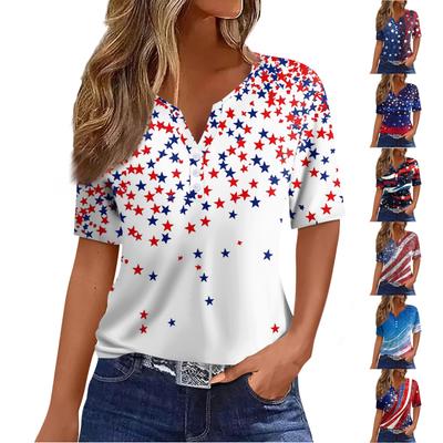 Women's T Shirt Print Button Short Sleeve Daily Weekend Fashion Basic V- Neck Regular Top