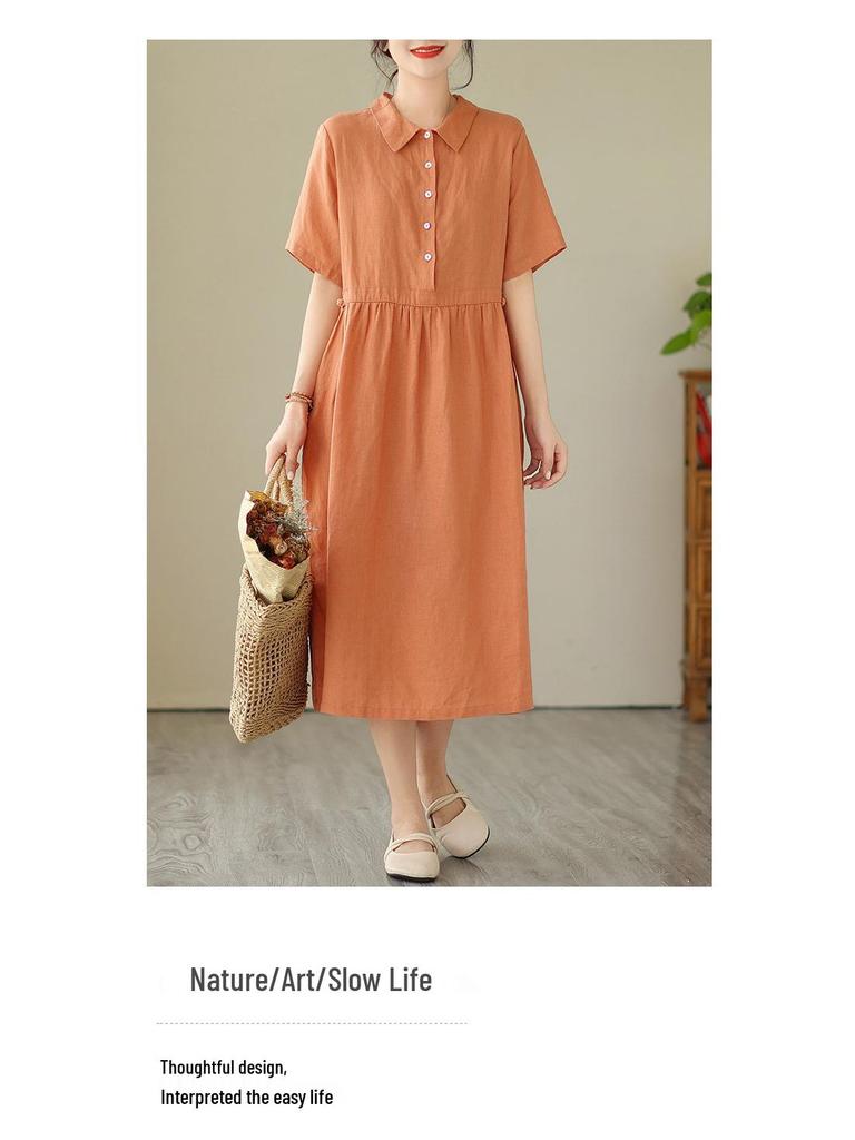 2024 Summer Japanese Style Cotton-Linen Polo Collar Midi Dress for Women
