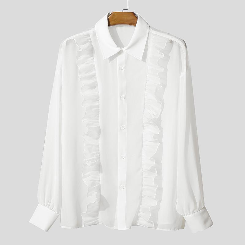 

INCERUN Мужские рубашки оверсайз с лацканами, длинными рукавами, рюшами, прозрачные, для вечеринок, клубов, свободного кроя 5XL белый