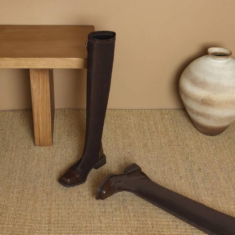 Autumn and winter middle heel square head suede over knee boots comfortable sleeve elastic women's boots Korean version rubber sole solid color leat
