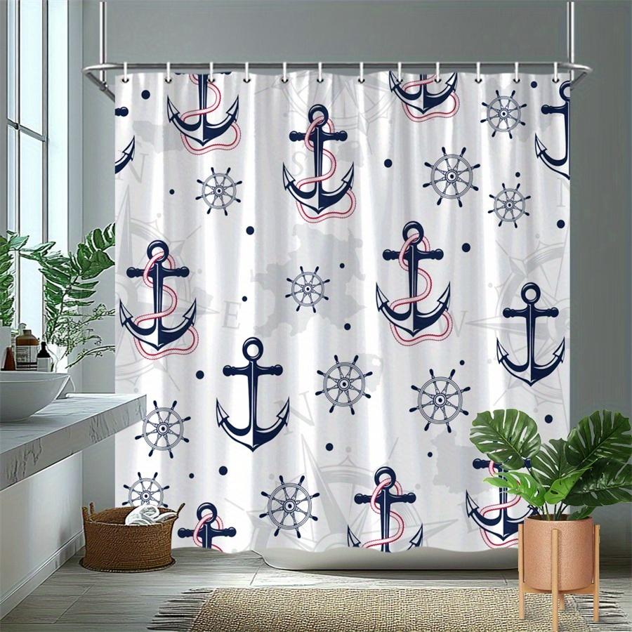 1Pc Pink Nautical Anchor-Patterned Shower Curtain, Machine Washable Polyester, Suitable For Bathroom Dcor.