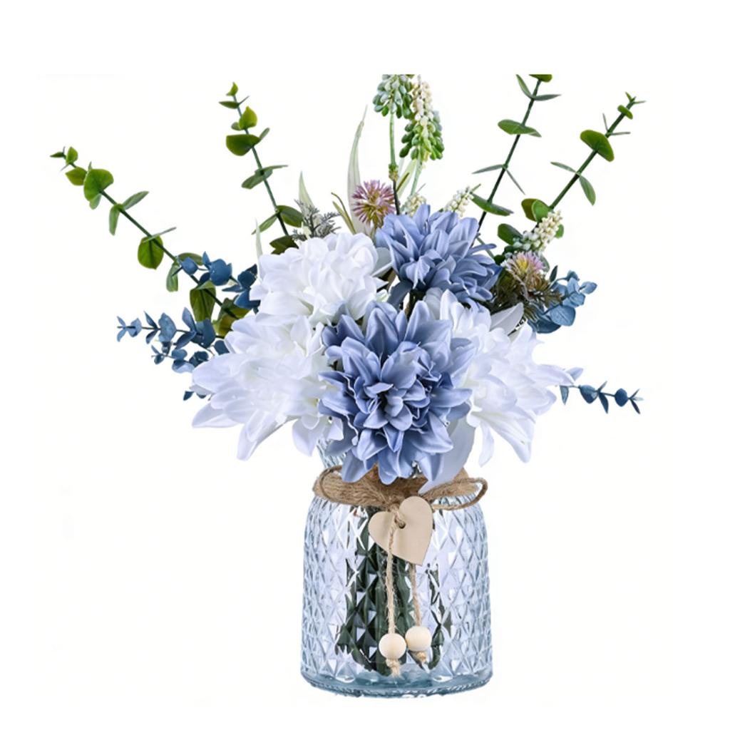 Artificial Flowers with Glass Vase Anti Wilting Anti Fading Realistic Faux Roses for Home Living Room Decor White Blue